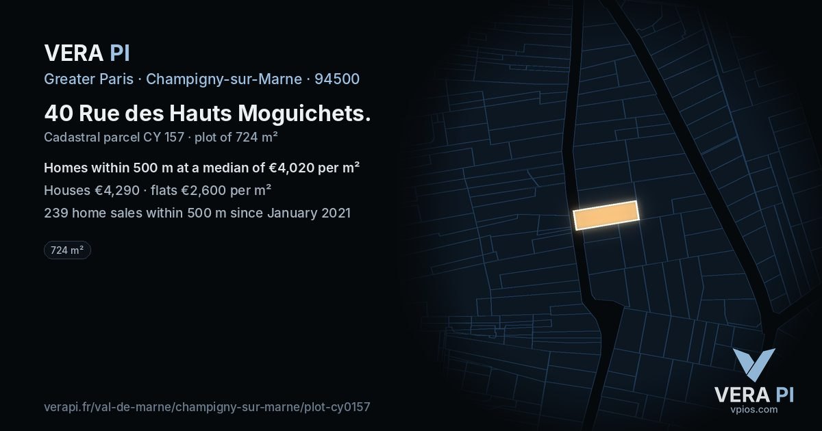 40 Rue des Hauts Moguichets, Champigny-sur-Marne at night – the plot lit, the parcels around coloured by the prices near them