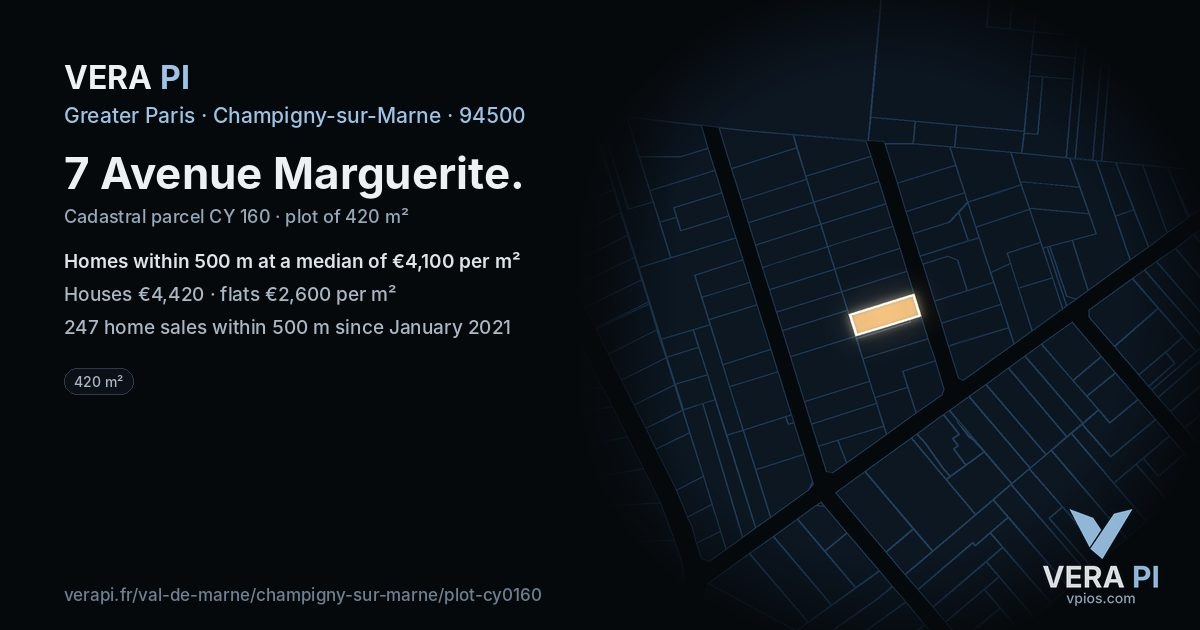 7 Avenue Marguerite, Champigny-sur-Marne at night – the plot lit, the parcels around coloured by the prices near them