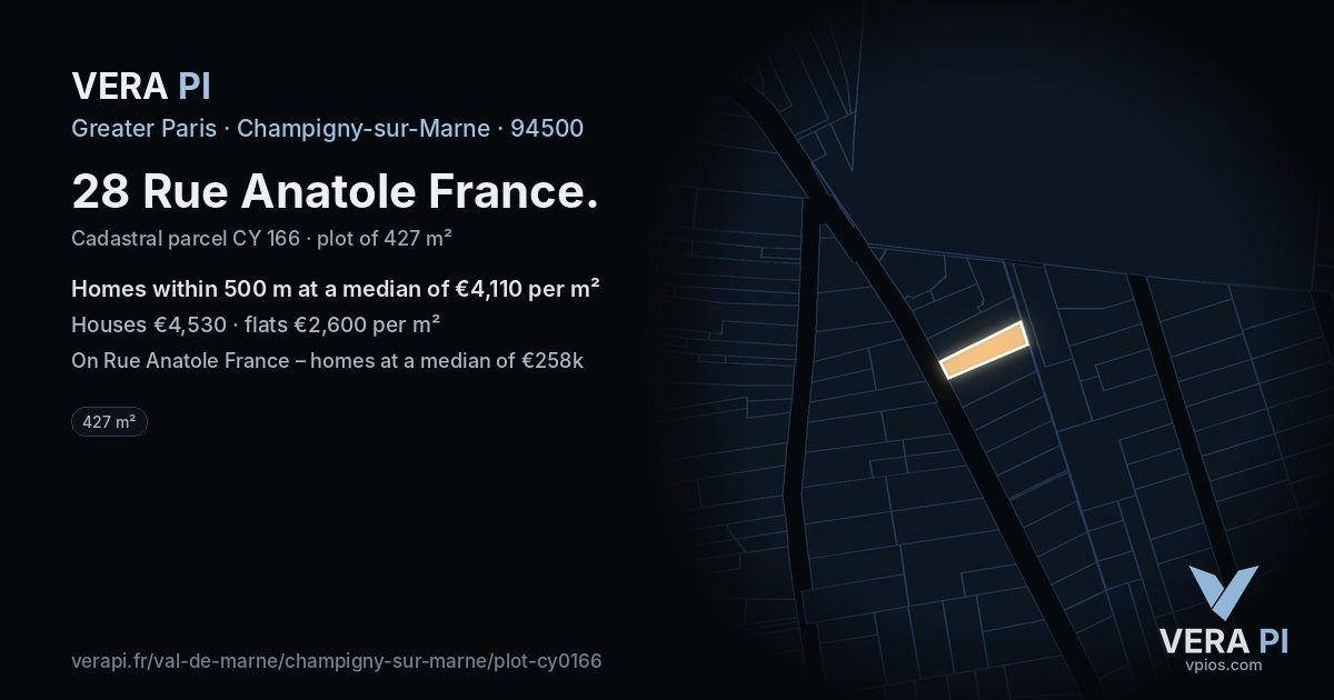 28 Rue Anatole France, Champigny-sur-Marne at night – the plot lit, the parcels around coloured by the prices near them