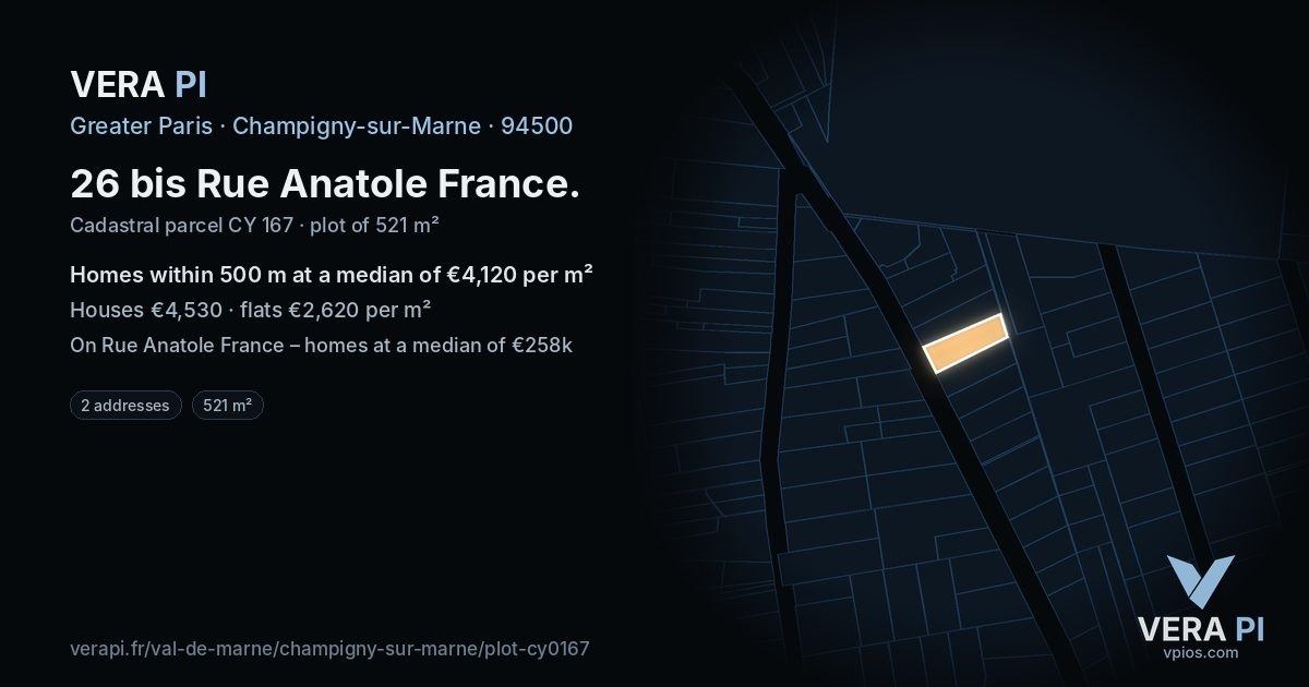 26 bis Rue Anatole France, Champigny-sur-Marne at night – the plot lit, the parcels around coloured by the prices near them