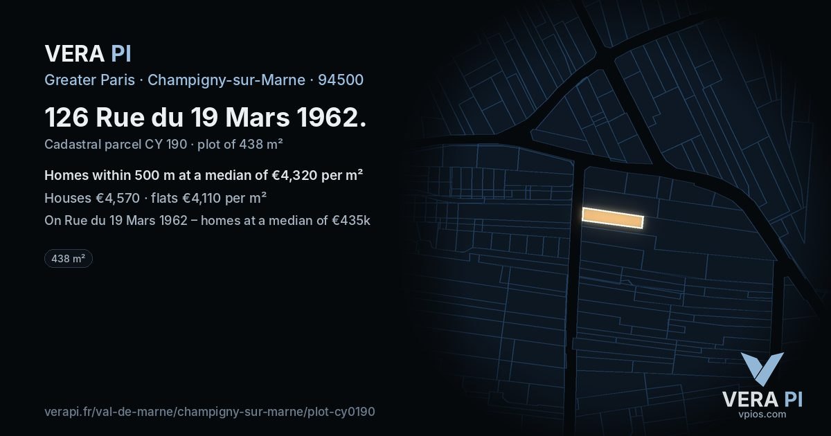 126 Rue du 19 Mars 1962, Champigny-sur-Marne at night – the plot lit, the parcels around coloured by the prices near them