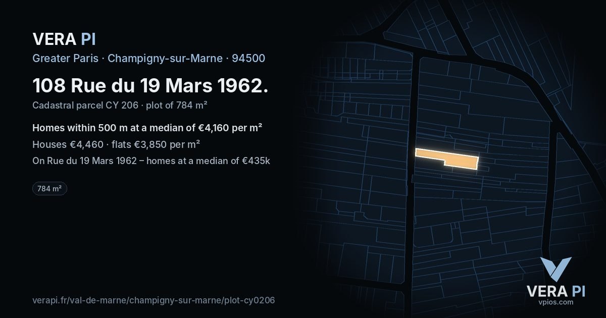 108 Rue du 19 Mars 1962, Champigny-sur-Marne at night – the plot lit, the parcels around coloured by the prices near them