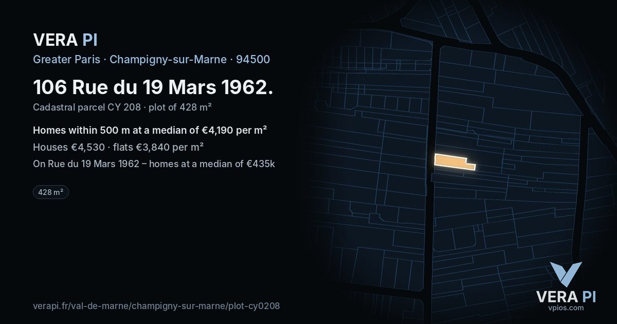 106 Rue du 19 Mars 1962, Champigny-sur-Marne at night – the plot lit, the parcels around coloured by the prices near them