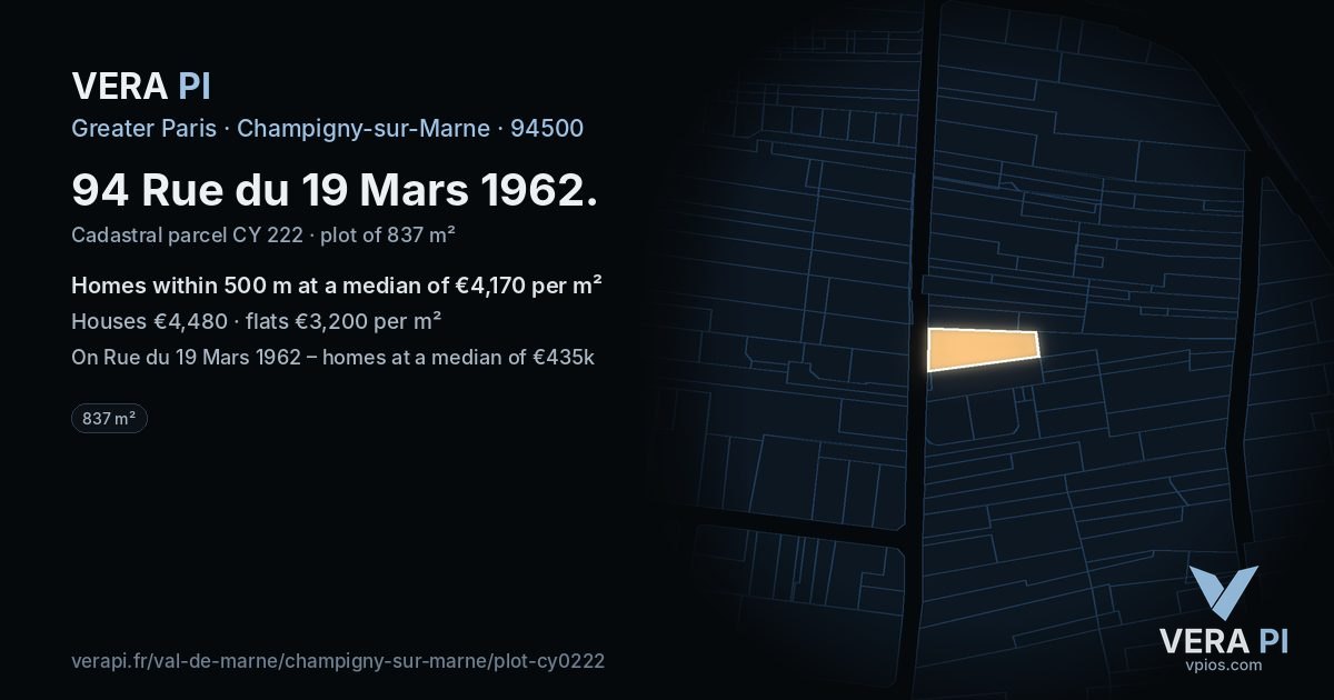 94 Rue du 19 Mars 1962, Champigny-sur-Marne at night – the plot lit, the parcels around coloured by the prices near them
