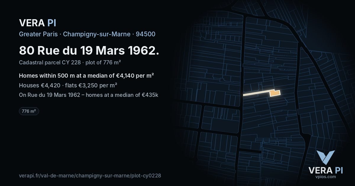 80 Rue du 19 Mars 1962, Champigny-sur-Marne at night – the plot lit, the parcels around coloured by the prices near them