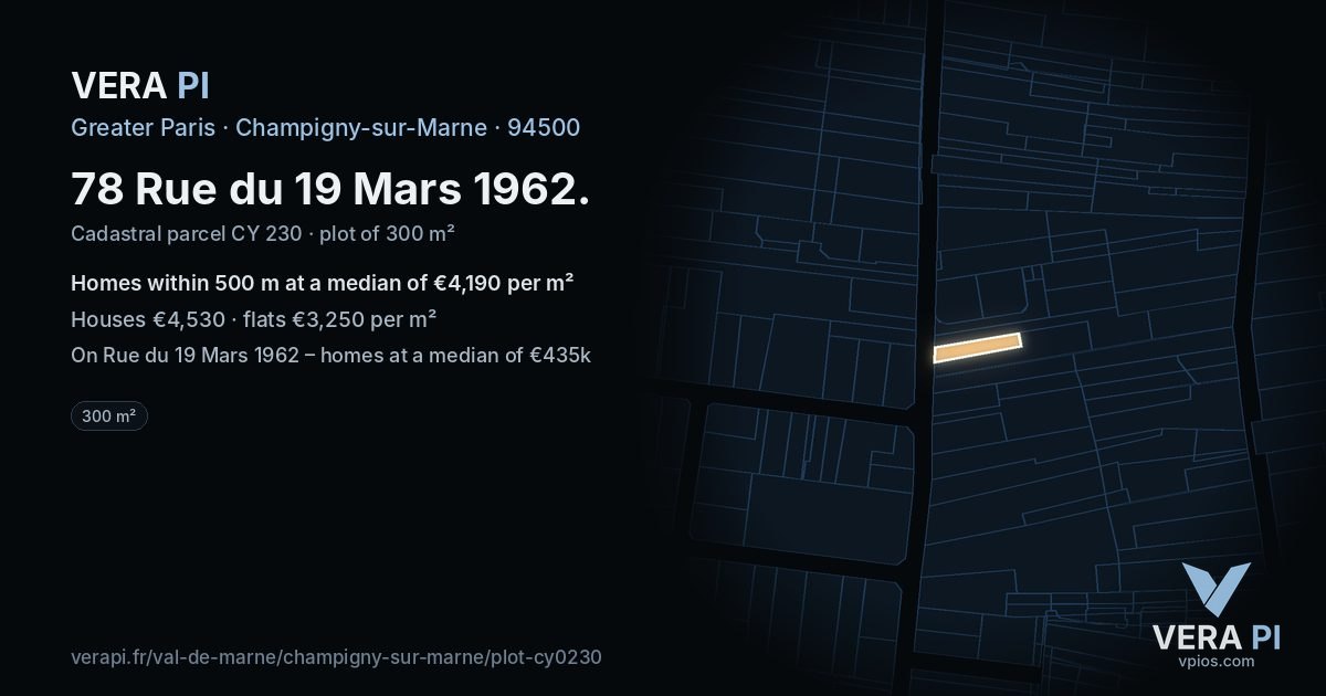 78 Rue du 19 Mars 1962, Champigny-sur-Marne at night – the plot lit, the parcels around coloured by the prices near them