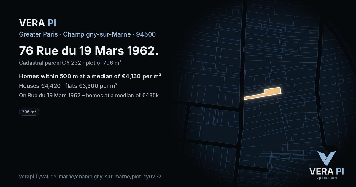 76 Rue du 19 Mars 1962, Champigny-sur-Marne at night – the plot lit, the parcels around coloured by the prices near them