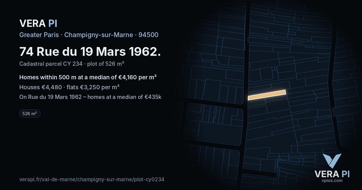 74 Rue du 19 Mars 1962, Champigny-sur-Marne at night – the plot lit, the parcels around coloured by the prices near them