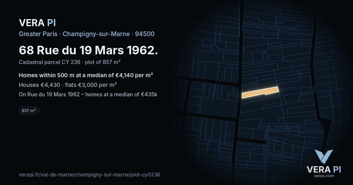 68 Rue du 19 Mars 1962, Champigny-sur-Marne at night – the plot lit, the parcels around coloured by the prices near them