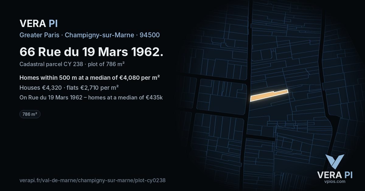 66 Rue du 19 Mars 1962, Champigny-sur-Marne at night – the plot lit, the parcels around coloured by the prices near them
