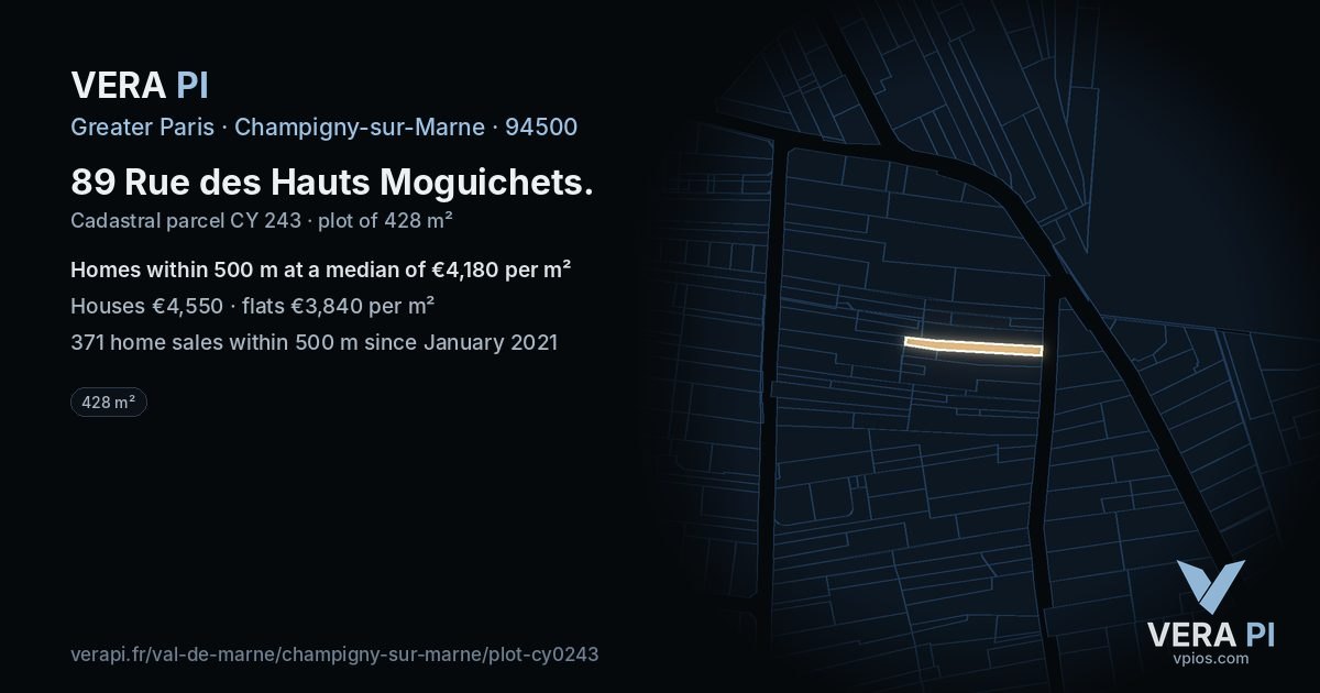 89 Rue des Hauts Moguichets, Champigny-sur-Marne at night – the plot lit, the parcels around coloured by the prices near them