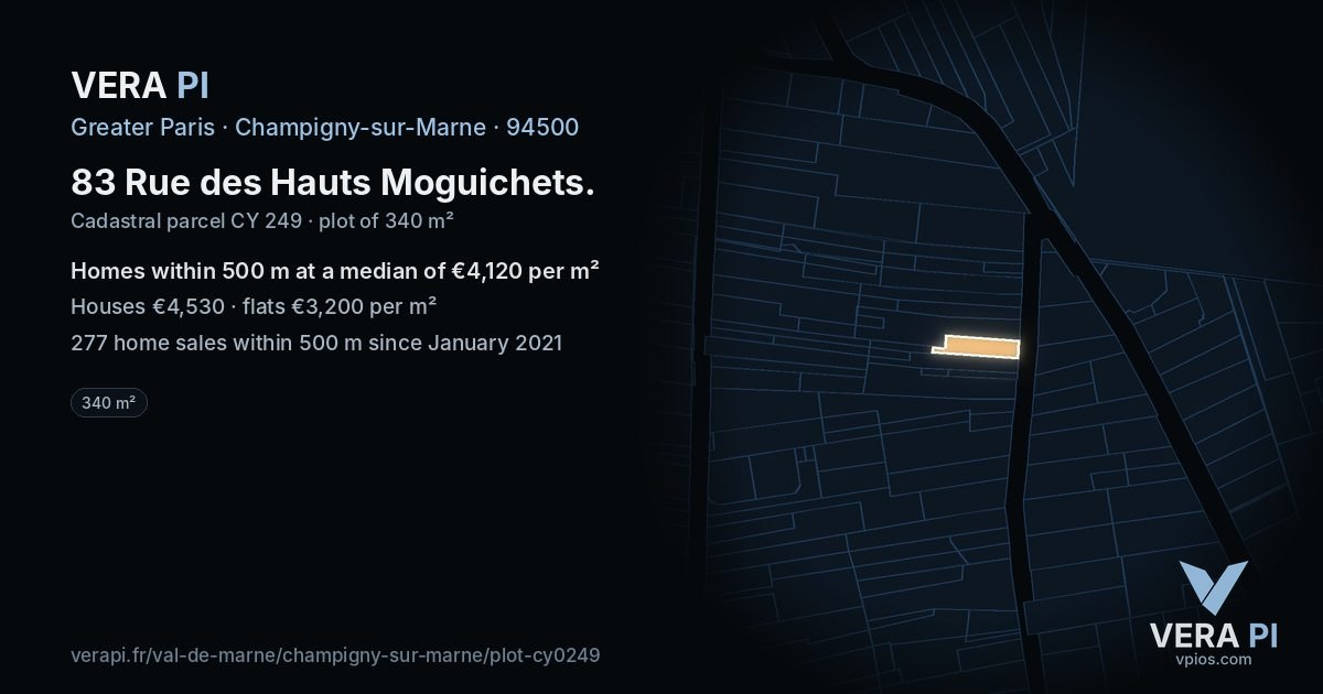 83 Rue des Hauts Moguichets, Champigny-sur-Marne at night – the plot lit, the parcels around coloured by the prices near them