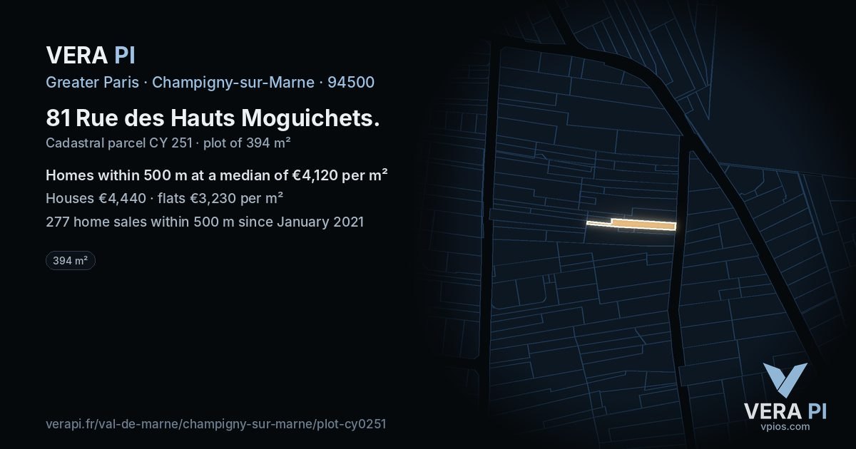 81 Rue des Hauts Moguichets, Champigny-sur-Marne at night – the plot lit, the parcels around coloured by the prices near them