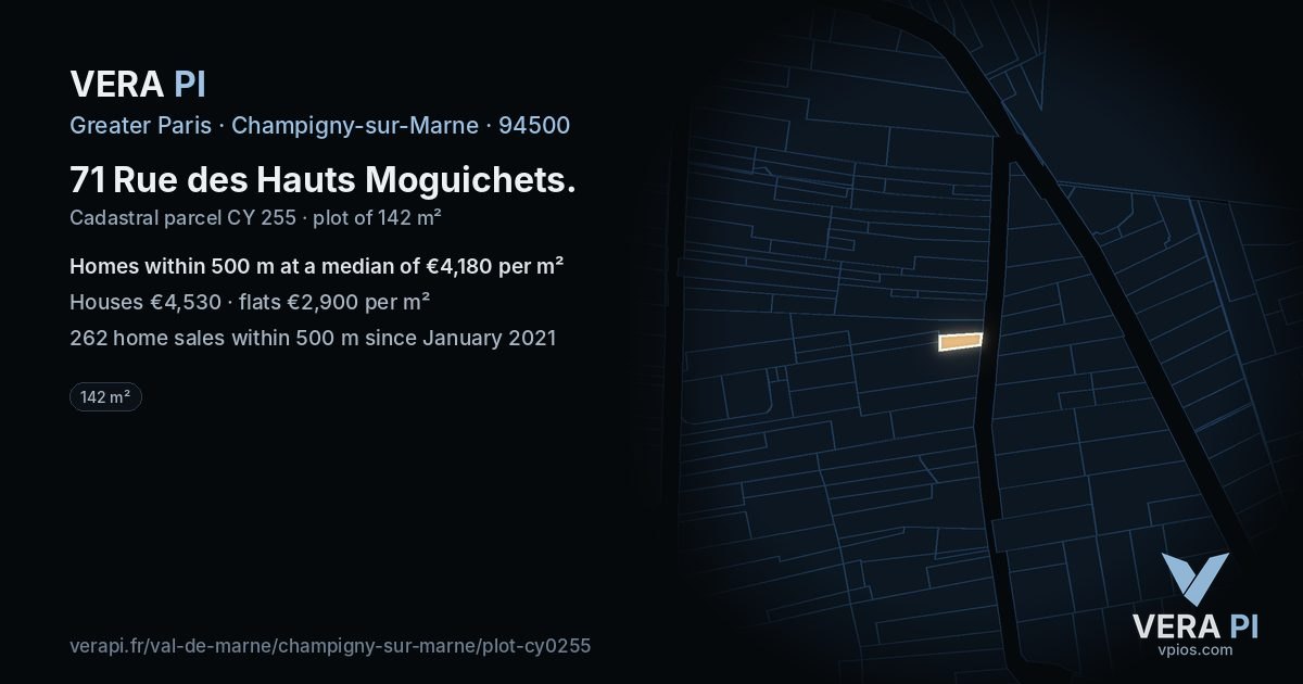 71 Rue des Hauts Moguichets, Champigny-sur-Marne at night – the plot lit, the parcels around coloured by the prices near them