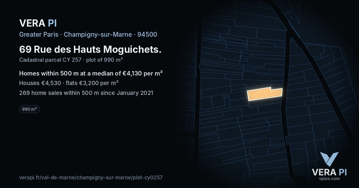 69 Rue des Hauts Moguichets, Champigny-sur-Marne at night – the plot lit, the parcels around coloured by the prices near them
