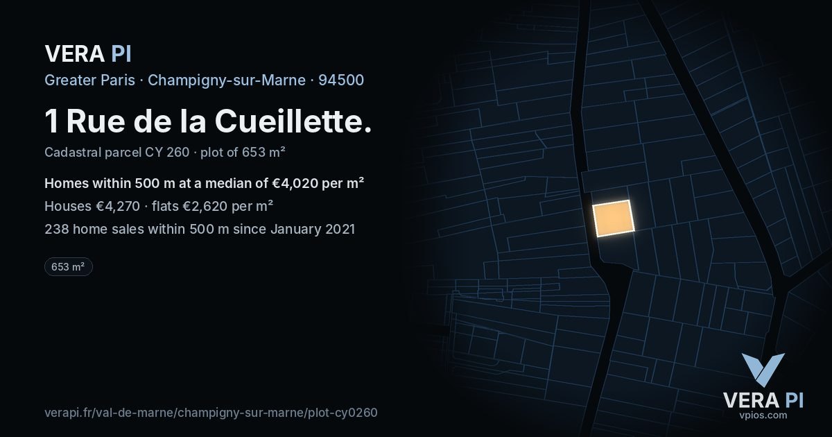 1 Rue de la Cueillette, Champigny-sur-Marne at night – the plot lit, the parcels around coloured by the prices near them