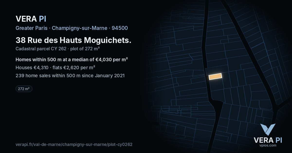 38 Rue des Hauts Moguichets, Champigny-sur-Marne at night – the plot lit, the parcels around coloured by the prices near them