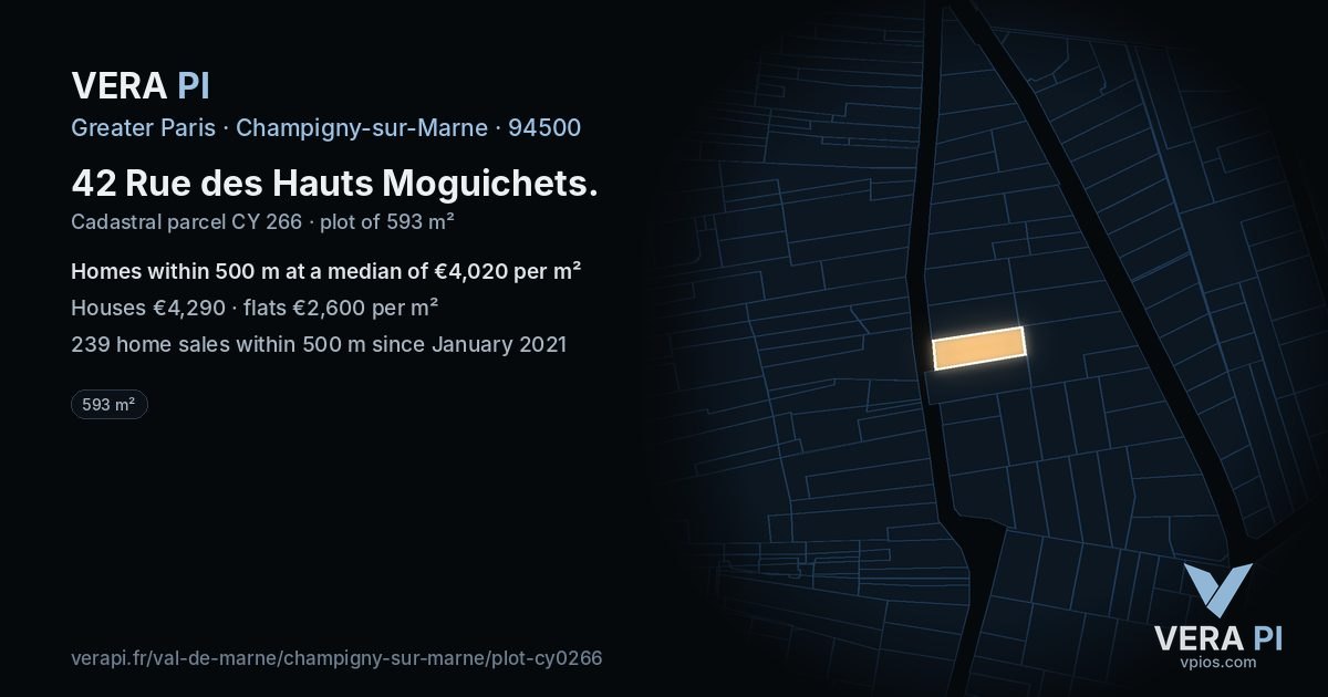 42 Rue des Hauts Moguichets, Champigny-sur-Marne at night – the plot lit, the parcels around coloured by the prices near them