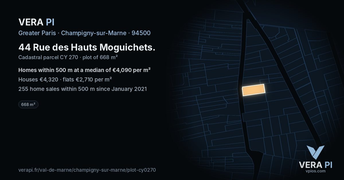 44 Rue des Hauts Moguichets, Champigny-sur-Marne at night – the plot lit, the parcels around coloured by the prices near them
