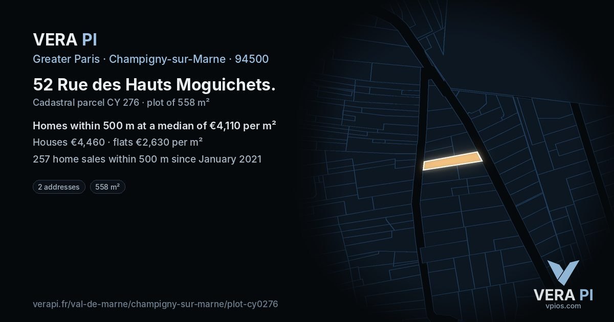 52 Rue des Hauts Moguichets, Champigny-sur-Marne at night – the plot lit, the parcels around coloured by the prices near them