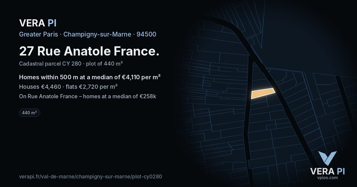27 Rue Anatole France, Champigny-sur-Marne at night – the plot lit, the parcels around coloured by the prices near them