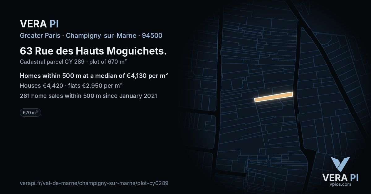 63 Rue des Hauts Moguichets, Champigny-sur-Marne at night – the plot lit, the parcels around coloured by the prices near them