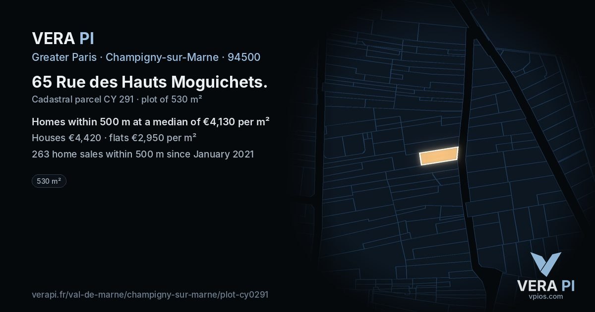 65 Rue des Hauts Moguichets, Champigny-sur-Marne at night – the plot lit, the parcels around coloured by the prices near them