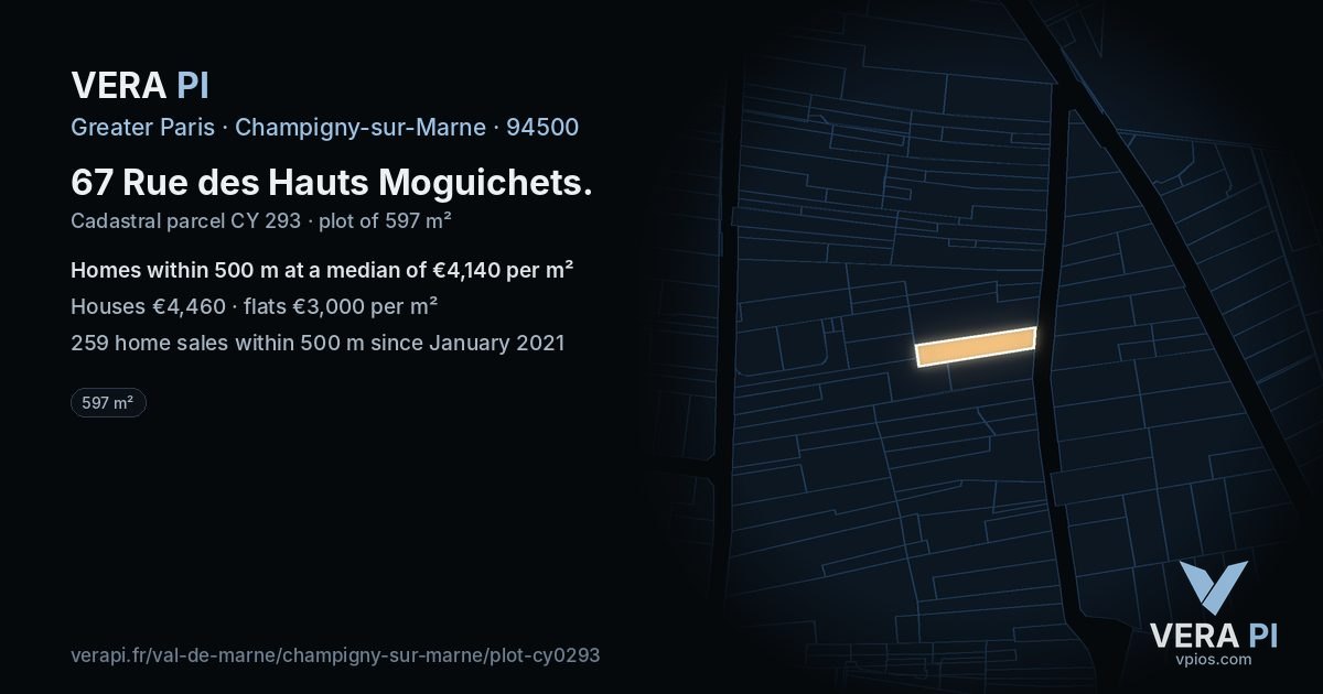 67 Rue des Hauts Moguichets, Champigny-sur-Marne at night – the plot lit, the parcels around coloured by the prices near them