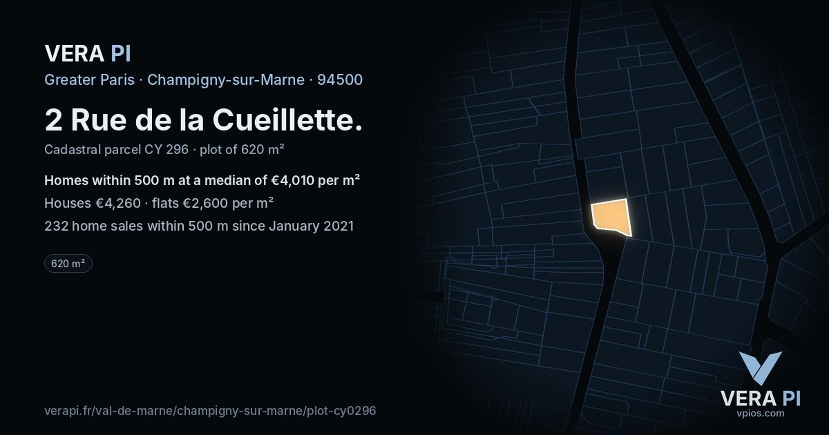 2 Rue de la Cueillette, Champigny-sur-Marne at night – the plot lit, the parcels around coloured by the prices near them