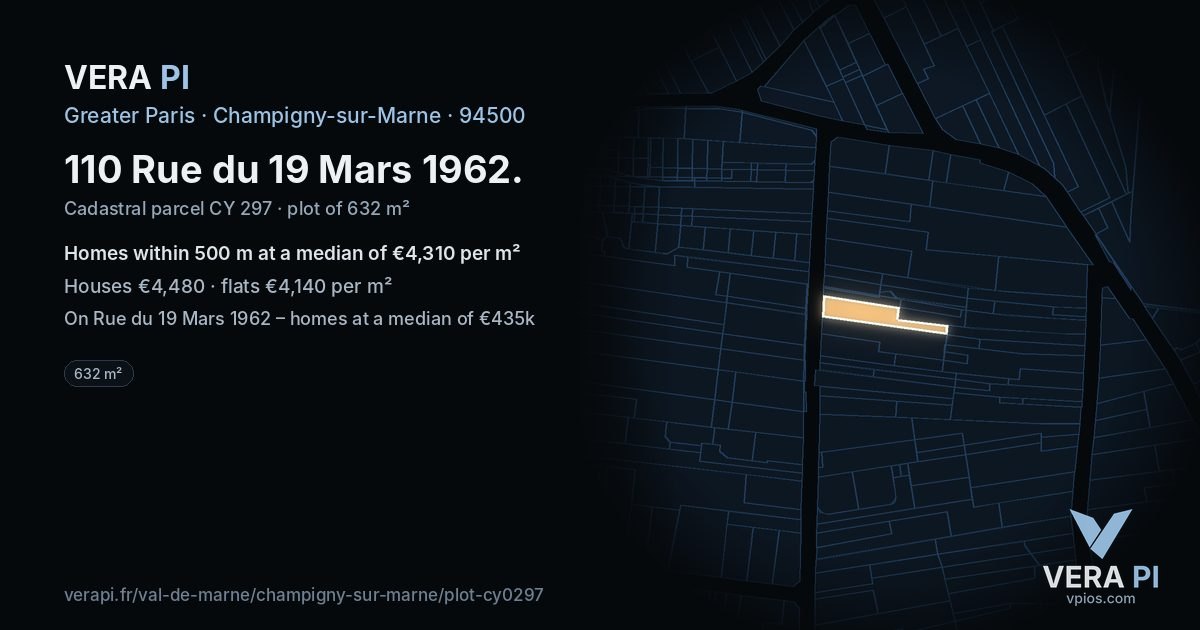 110 Rue du 19 Mars 1962, Champigny-sur-Marne at night – the plot lit, the parcels around coloured by the prices near them