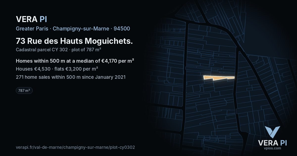 73 Rue des Hauts Moguichets, Champigny-sur-Marne at night – the plot lit, the parcels around coloured by the prices near them