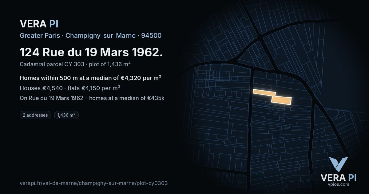 124 Rue du 19 Mars 1962, Champigny-sur-Marne at night – the plot lit, the parcels around coloured by the prices near them