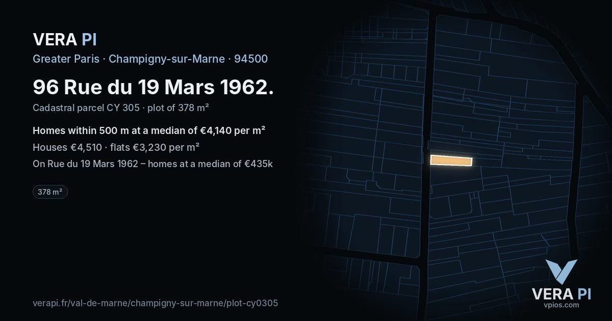 96 Rue du 19 Mars 1962, Champigny-sur-Marne at night – the plot lit, the parcels around coloured by the prices near them