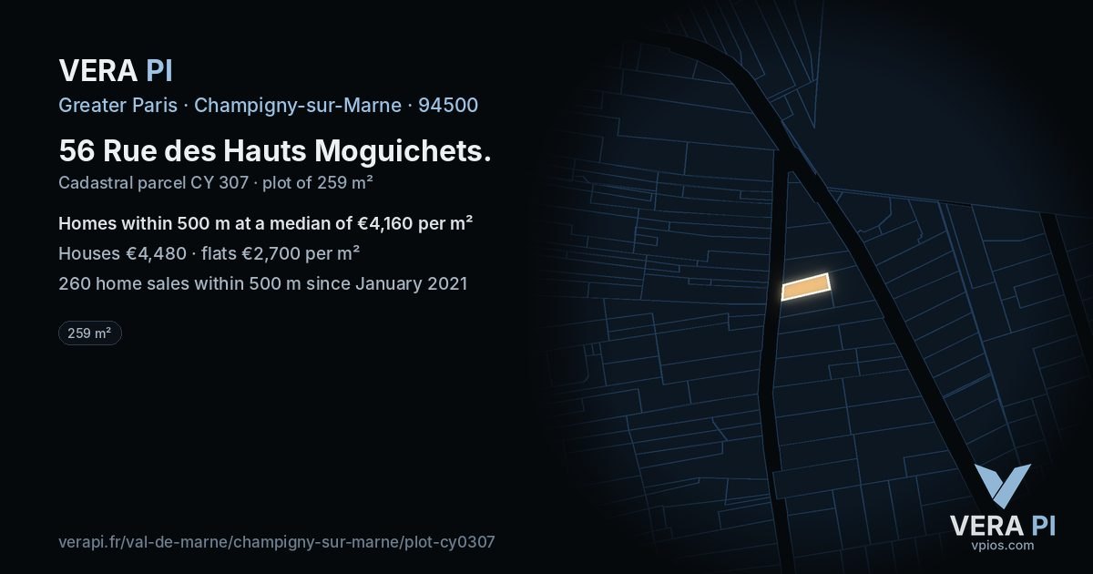 56 Rue des Hauts Moguichets, Champigny-sur-Marne at night – the plot lit, the parcels around coloured by the prices near them