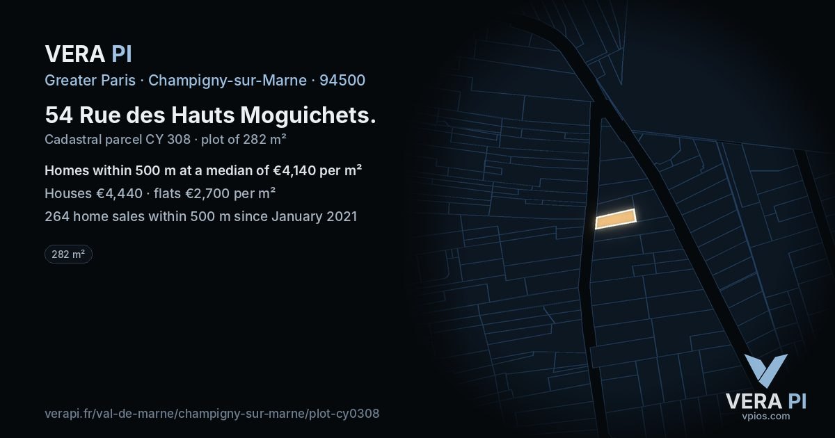 54 Rue des Hauts Moguichets, Champigny-sur-Marne at night – the plot lit, the parcels around coloured by the prices near them