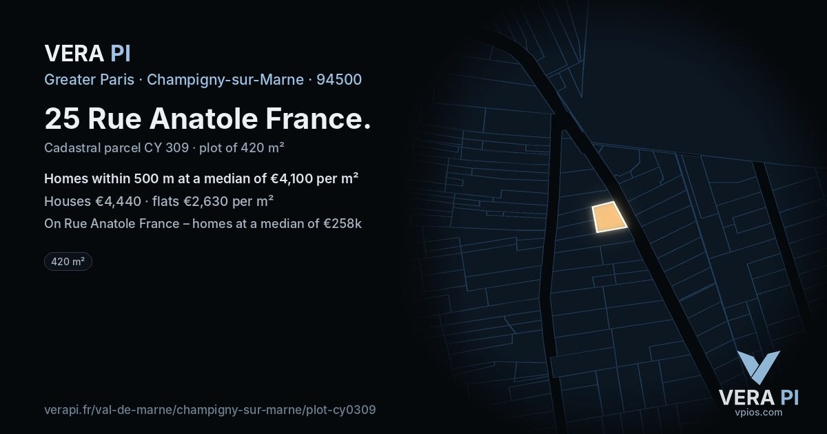 25 Rue Anatole France, Champigny-sur-Marne at night – the plot lit, the parcels around coloured by the prices near them