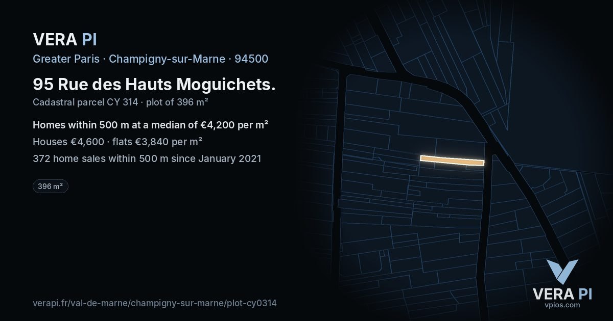 95 Rue des Hauts Moguichets, Champigny-sur-Marne at night – the plot lit, the parcels around coloured by the prices near them