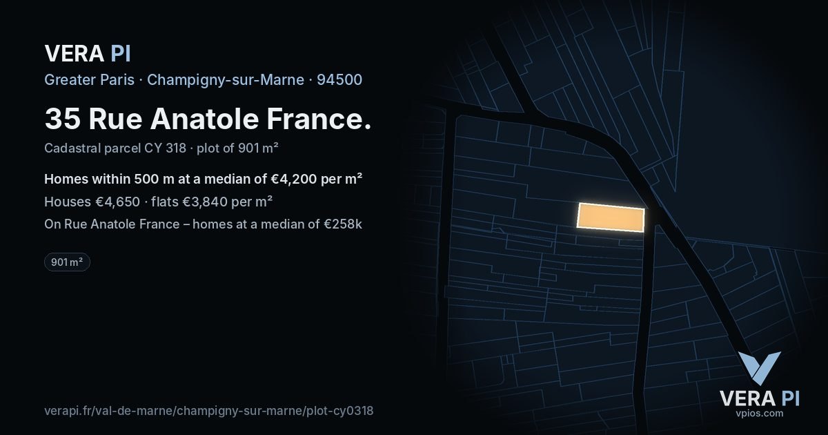 35 Rue Anatole France, Champigny-sur-Marne at night – the plot lit, the parcels around coloured by the prices near them