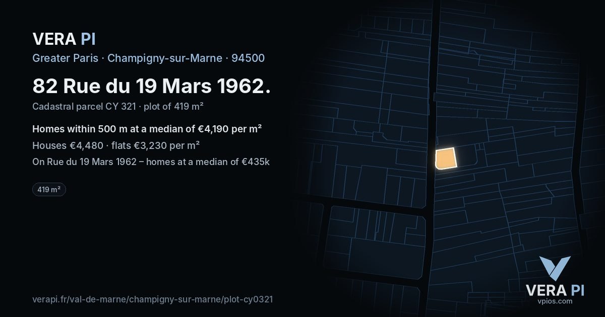 82 Rue du 19 Mars 1962, Champigny-sur-Marne at night – the plot lit, the parcels around coloured by the prices near them