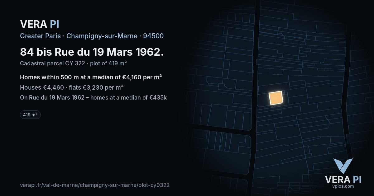 84 bis Rue du 19 Mars 1962, Champigny-sur-Marne at night – the plot lit, the parcels around coloured by the prices near them
