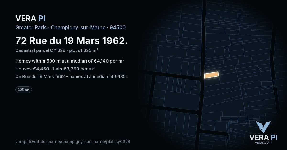 72 Rue du 19 Mars 1962, Champigny-sur-Marne at night – the plot lit, the parcels around coloured by the prices near them