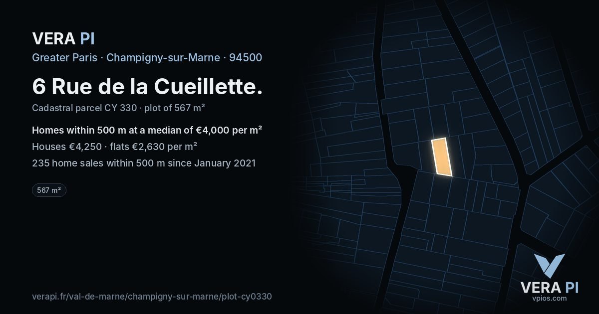 6 Rue de la Cueillette, Champigny-sur-Marne at night – the plot lit, the parcels around coloured by the prices near them