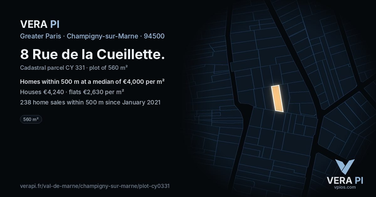 8 Rue de la Cueillette, Champigny-sur-Marne at night – the plot lit, the parcels around coloured by the prices near them