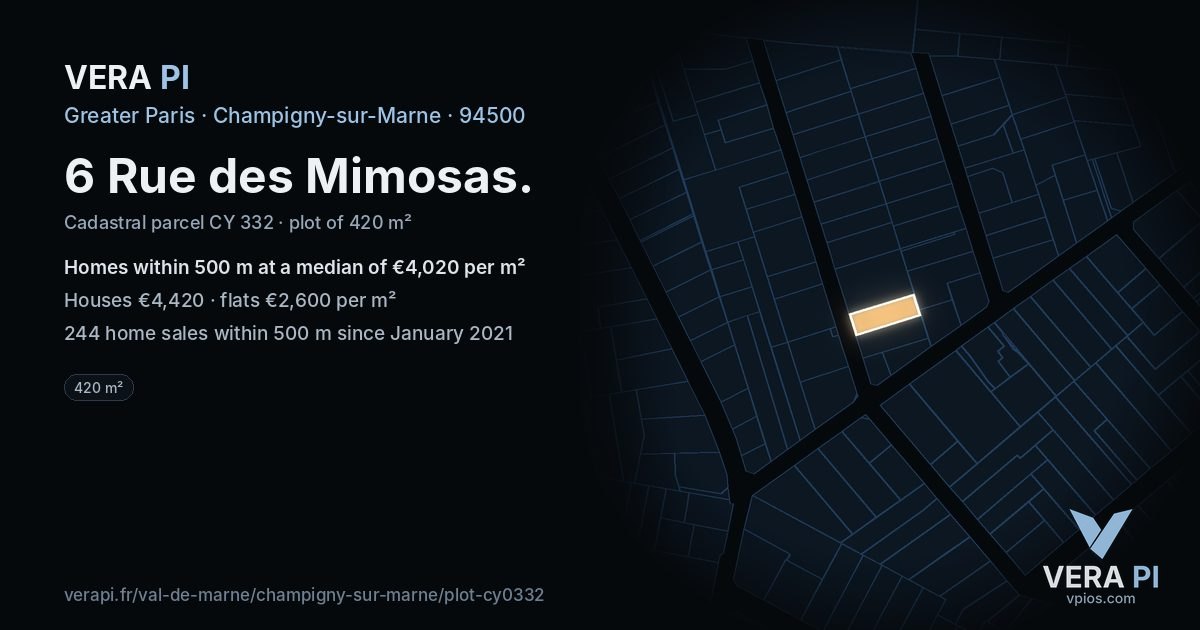 6 Rue des Mimosas, Champigny-sur-Marne at night – the plot lit, the parcels around coloured by the prices near them
