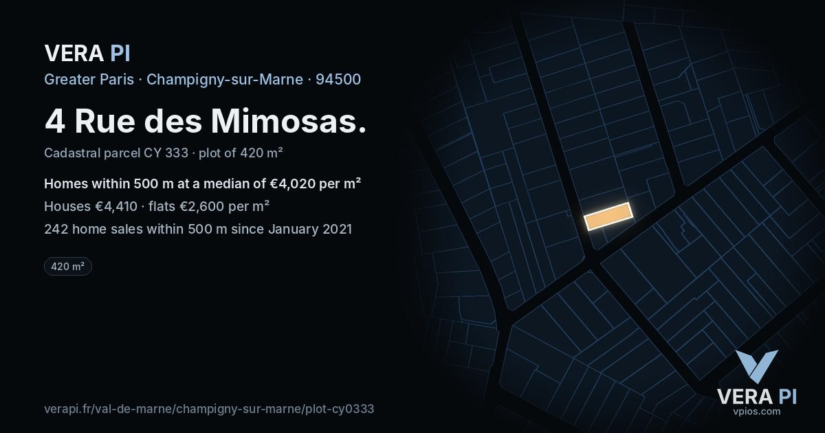 4 Rue des Mimosas, Champigny-sur-Marne at night – the plot lit, the parcels around coloured by the prices near them