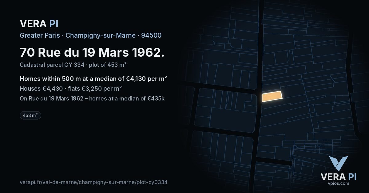 70 Rue du 19 Mars 1962, Champigny-sur-Marne at night – the plot lit, the parcels around coloured by the prices near them