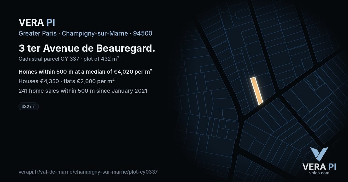 3 ter Avenue de Beauregard, Champigny-sur-Marne at night – the plot lit, the parcels around coloured by the prices near them