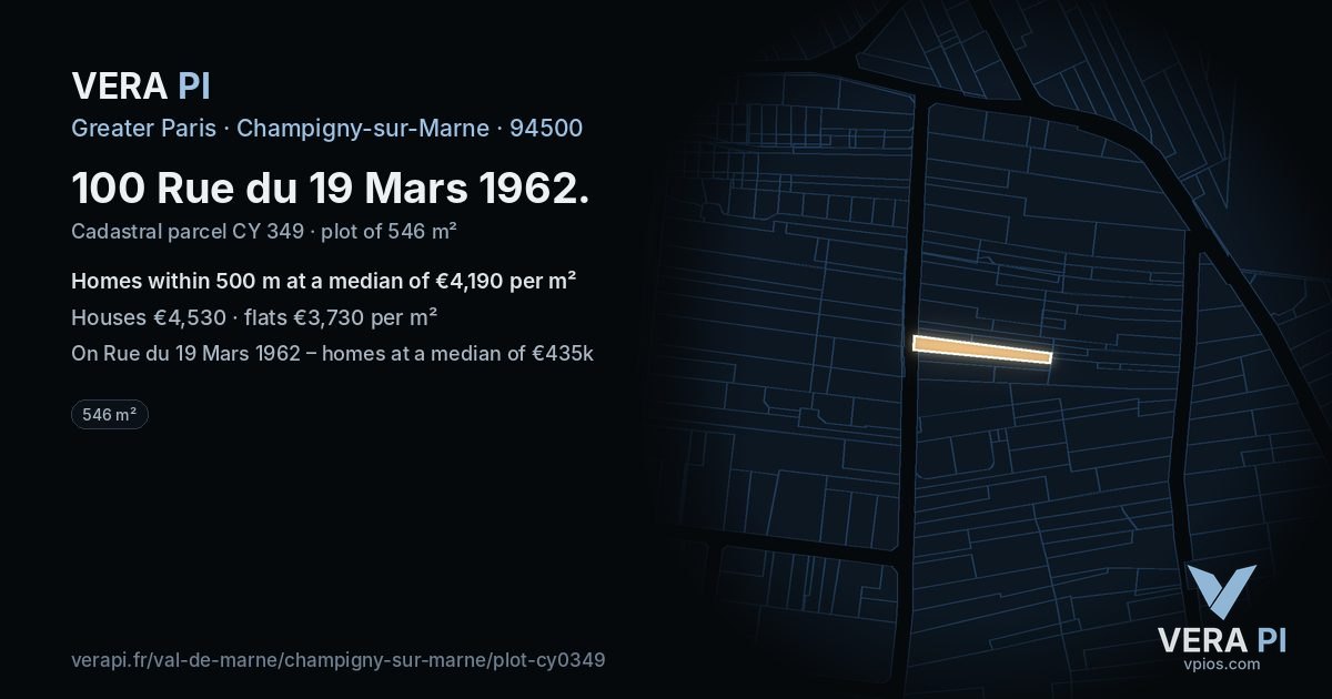 100 Rue du 19 Mars 1962, Champigny-sur-Marne at night – the plot lit, the parcels around coloured by the prices near them