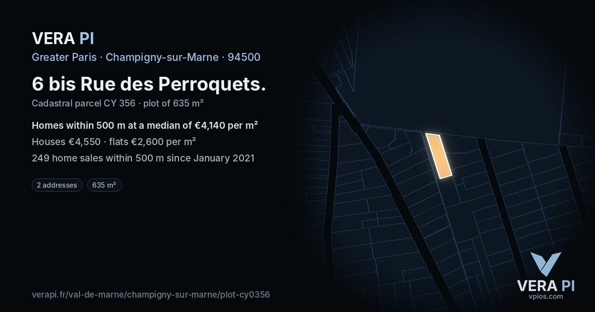 6 bis Rue des Perroquets, Champigny-sur-Marne at night – the plot lit, the parcels around coloured by the prices near them
