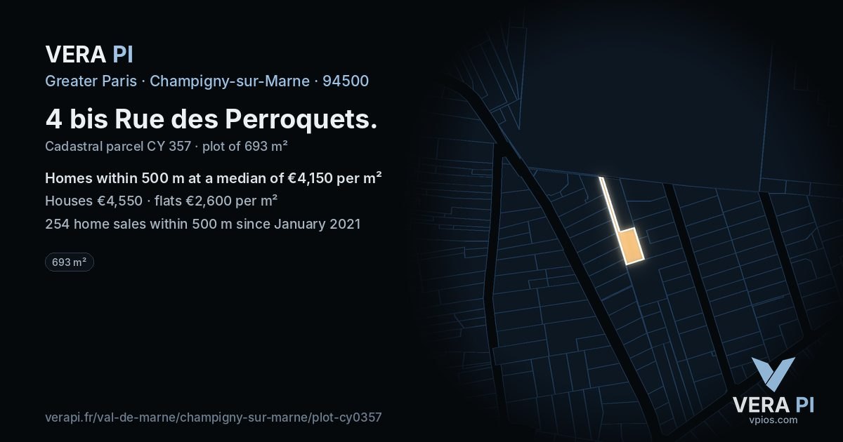 4 bis Rue des Perroquets, Champigny-sur-Marne at night – the plot lit, the parcels around coloured by the prices near them